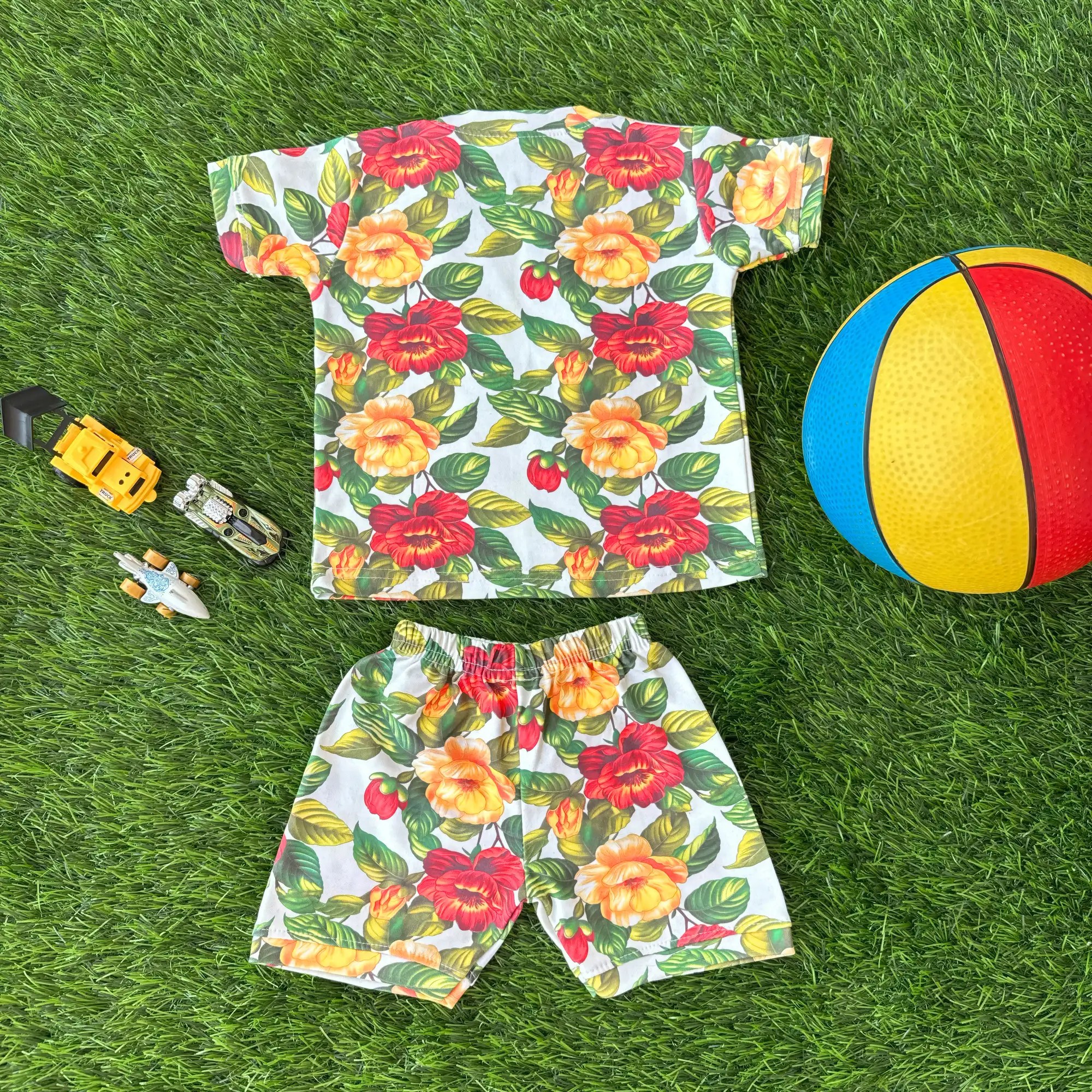 Baby Boy T-shirt & Shorts Set | Tropical Red & Yellow Flower Pattern | Vibrant Blossoms & Lush Leaves Print Backside Image
