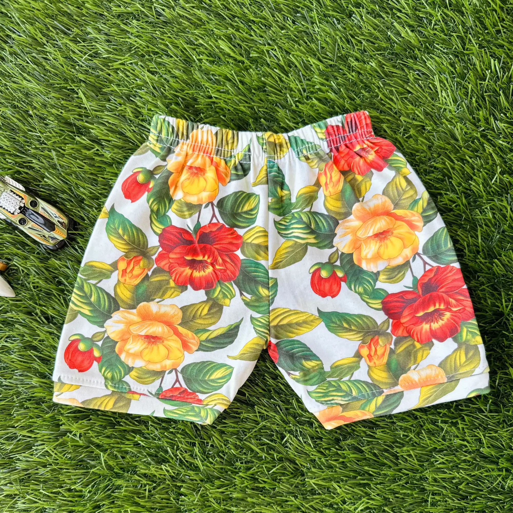 Baby Boy T-shirt & Shorts Set | Tropical Red & Yellow Flower Pattern | Vibrant Blossoms & Lush Leaves Pants