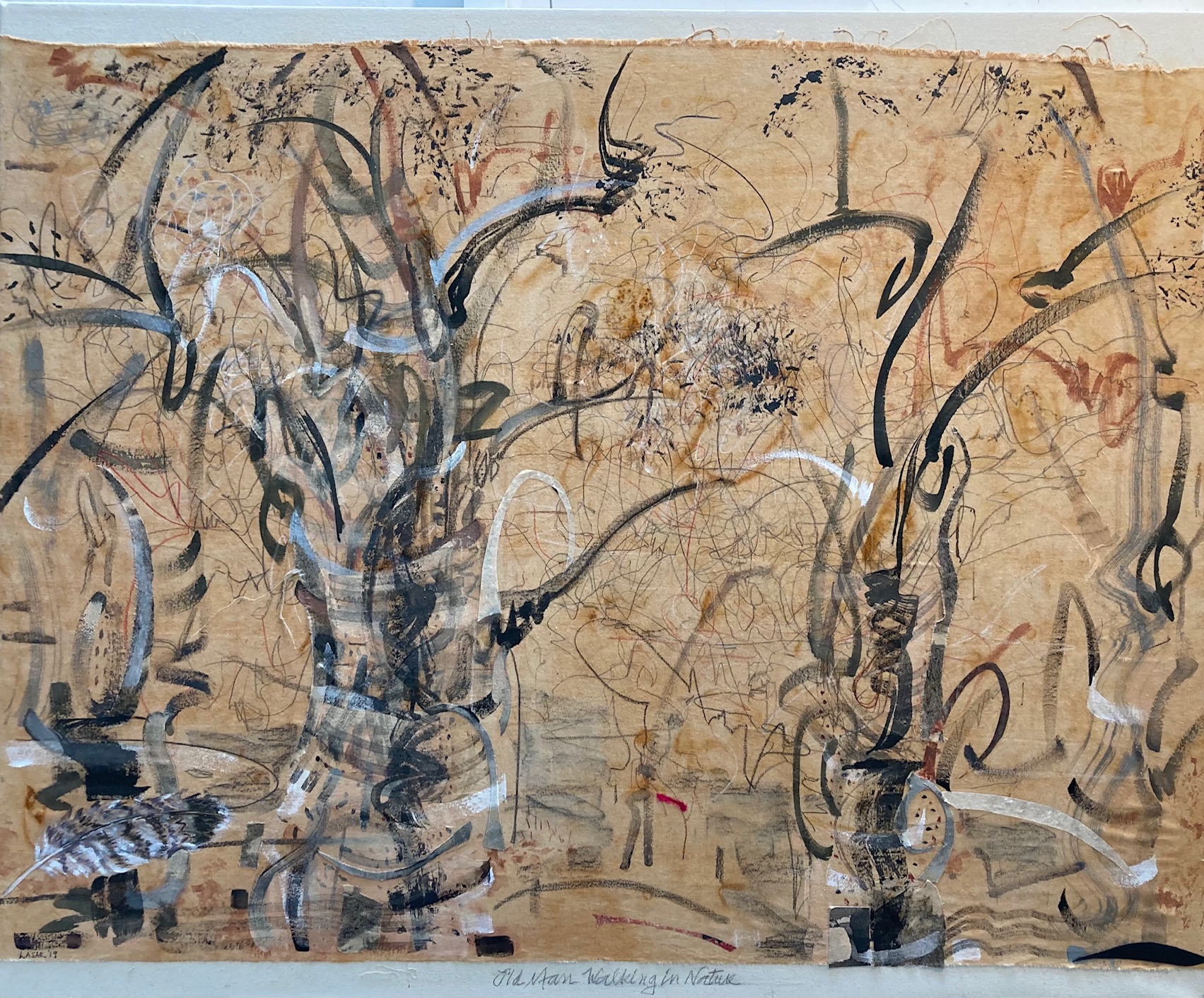 Man Walking in Nature, ‘20-‘21, Ink and Mixed Media on Muslin on canvas, 36” X 44”, $3000