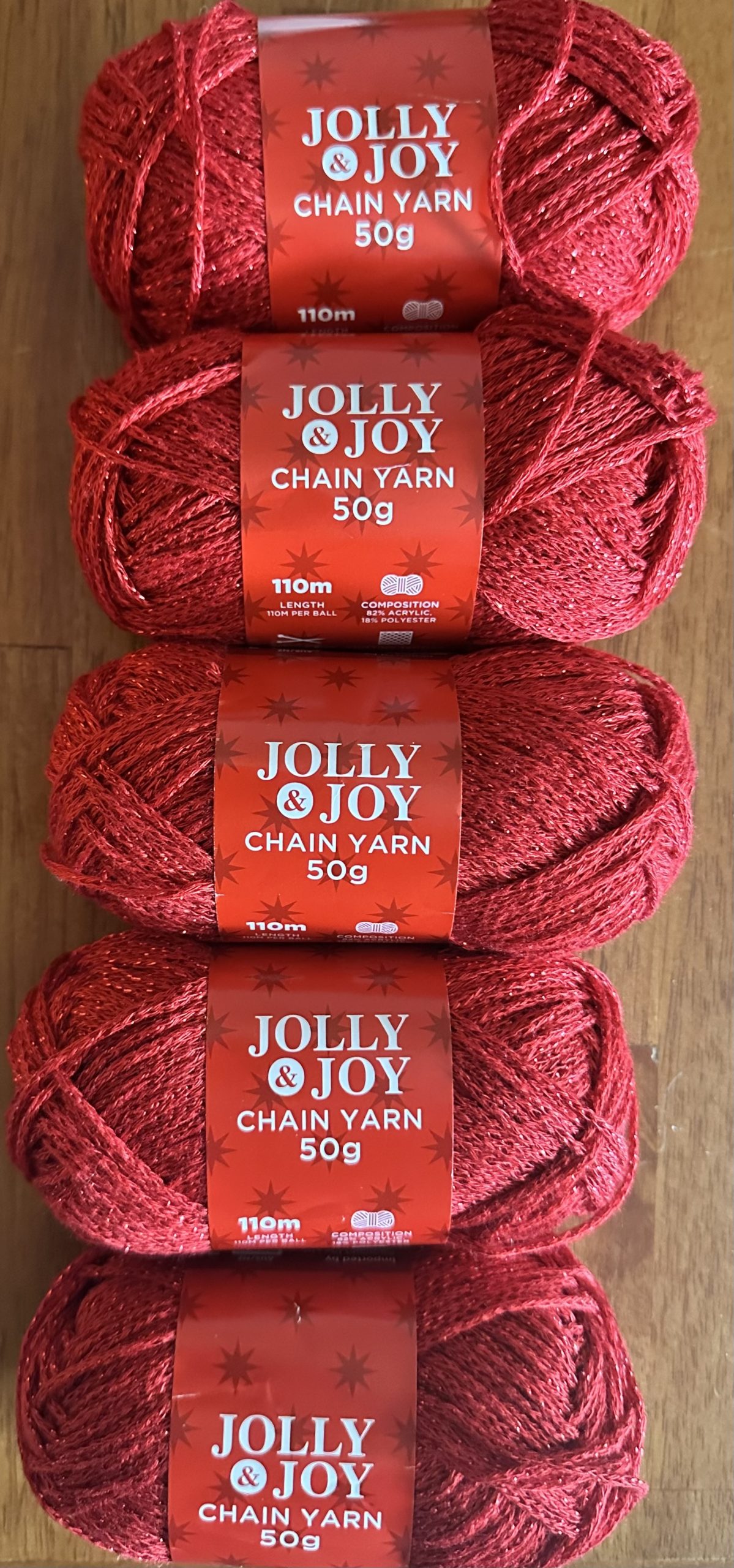 Jolly & Joy - 8 ply Chain yarn - 82% Acrylic/ 18% Polyester - 50g ball - 5 pack - Red