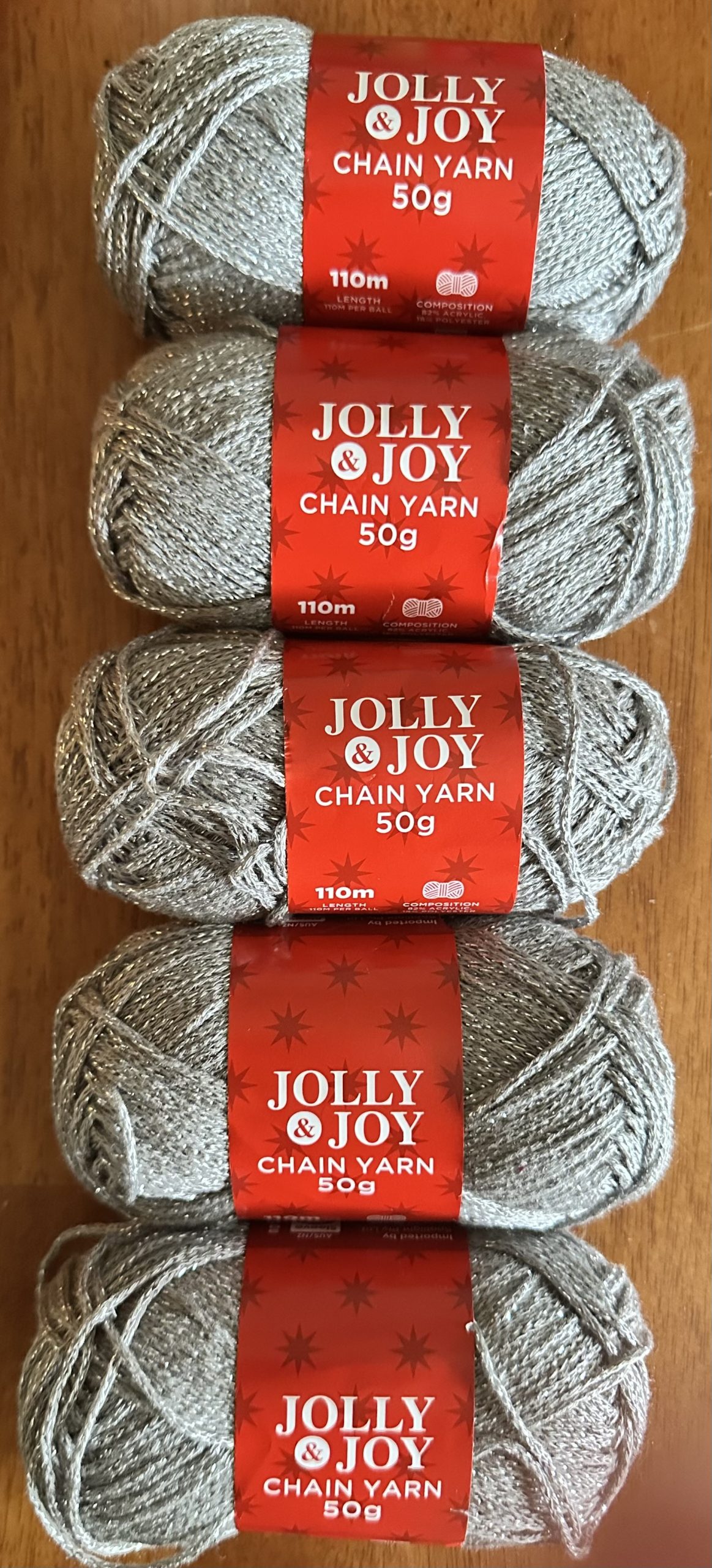 Jolly & Joy - 8 ply Chain yarn - 82% Acrylic/ 18% Polyester - 50g ball - 5 pack - Silver