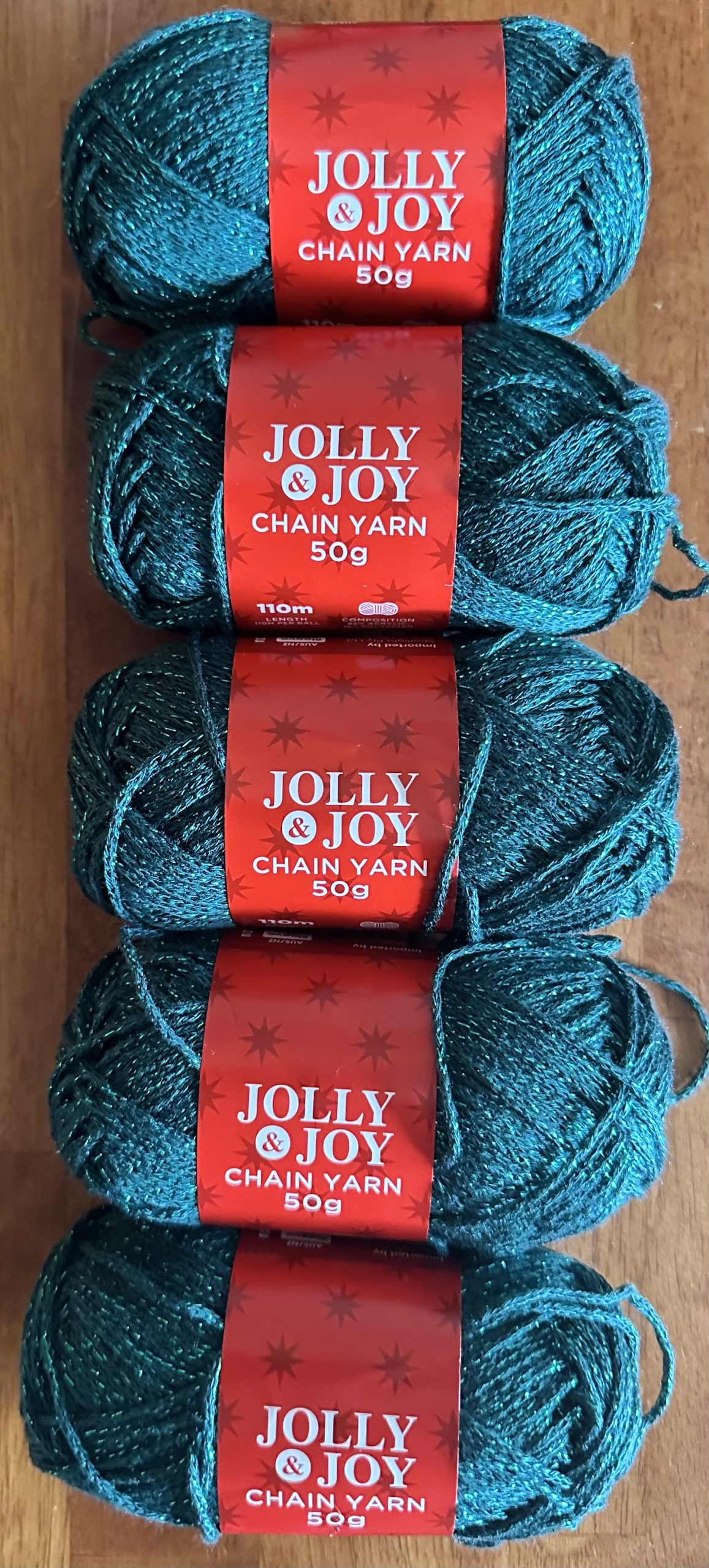 Jolly & Joy - 8 ply Chain yarn - 82% Acrylic/ 18% Polyester - 50g ball - 5 pack - Dark Green