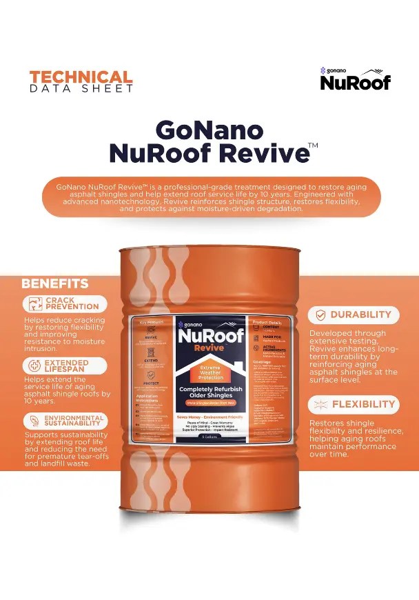 NanoShield Revive formula that restores flexibility to aging asphalt shingles