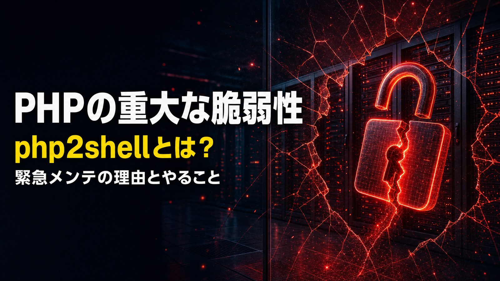 赤い警告の光に包まれたサーバーラックの前で、ひびの入った南京錠が外れている絵に「PHPの重大な脆弱性 php2shellとは？ 緊急メンテの理由とやること」の文字