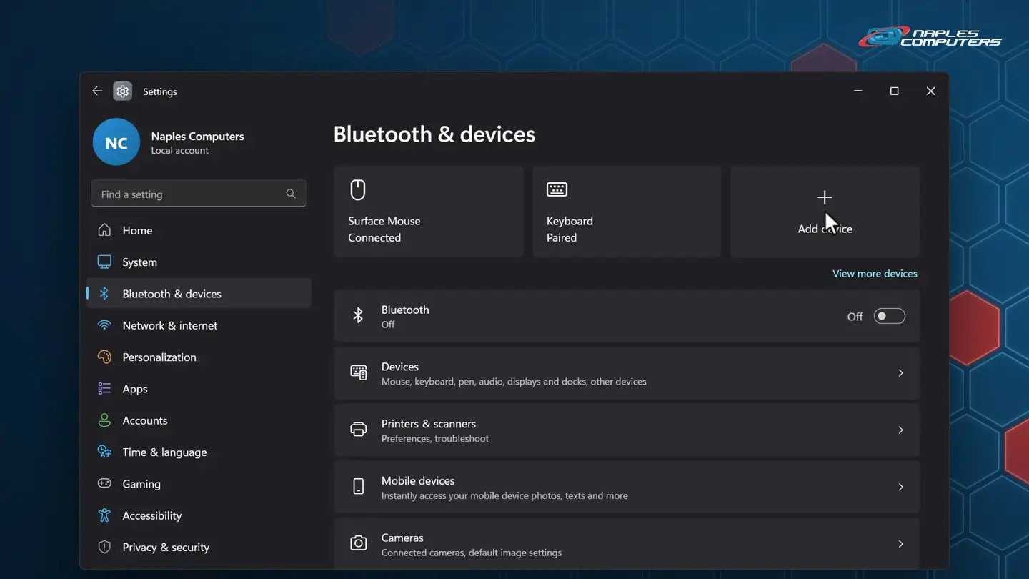 Connect Bluetooth headphones to Windows 11: Open Bluetooth & devices
