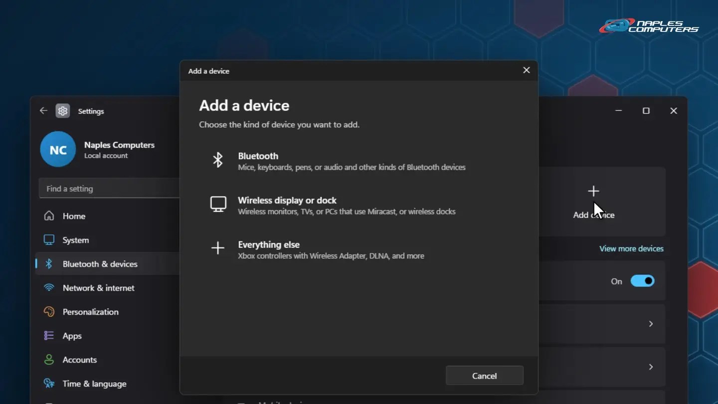Turn Bluetooth on, then click Add device