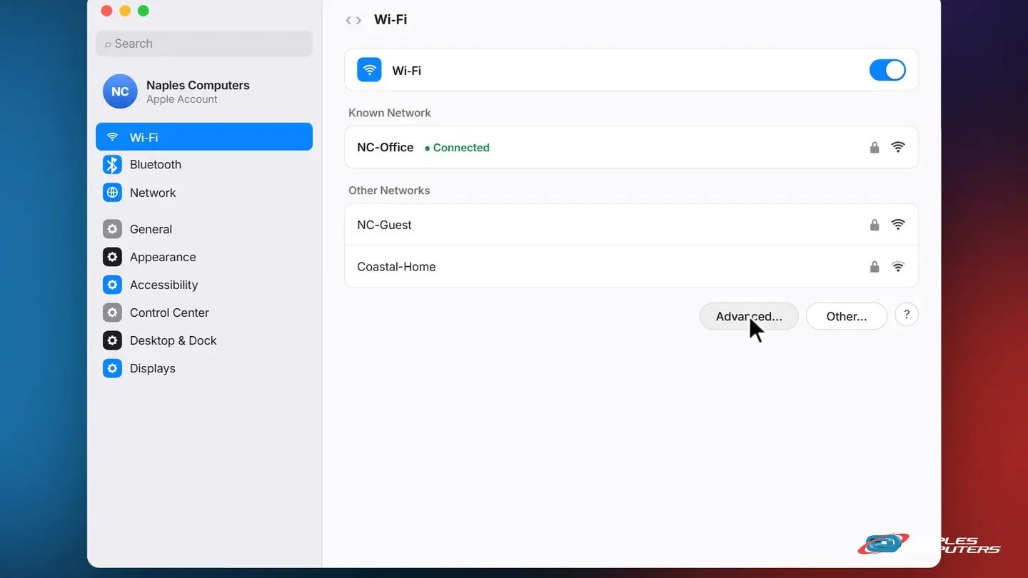 Mac: System Settings → Wi-Fi → Advanced