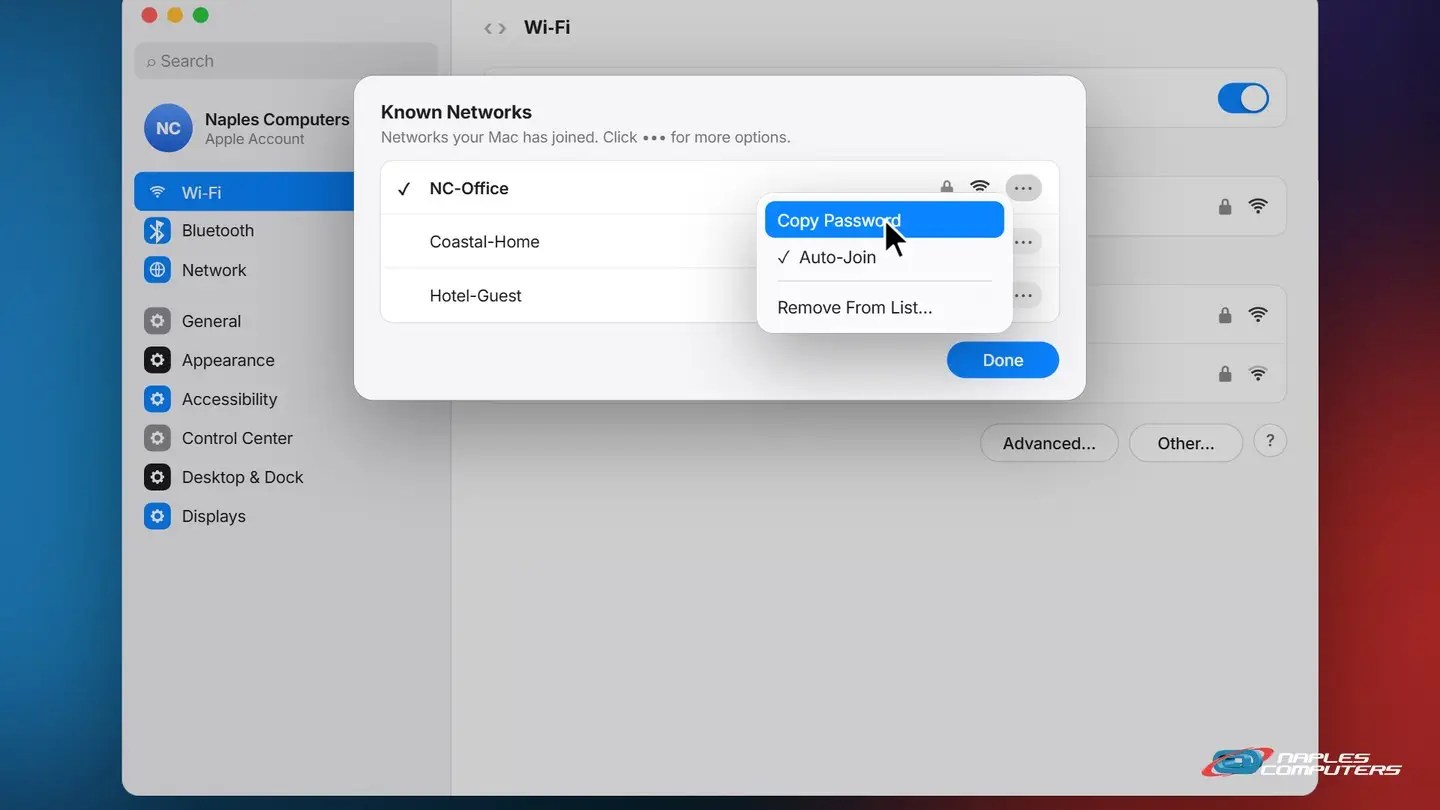 Click ⋯ next to your network, then Copy Password