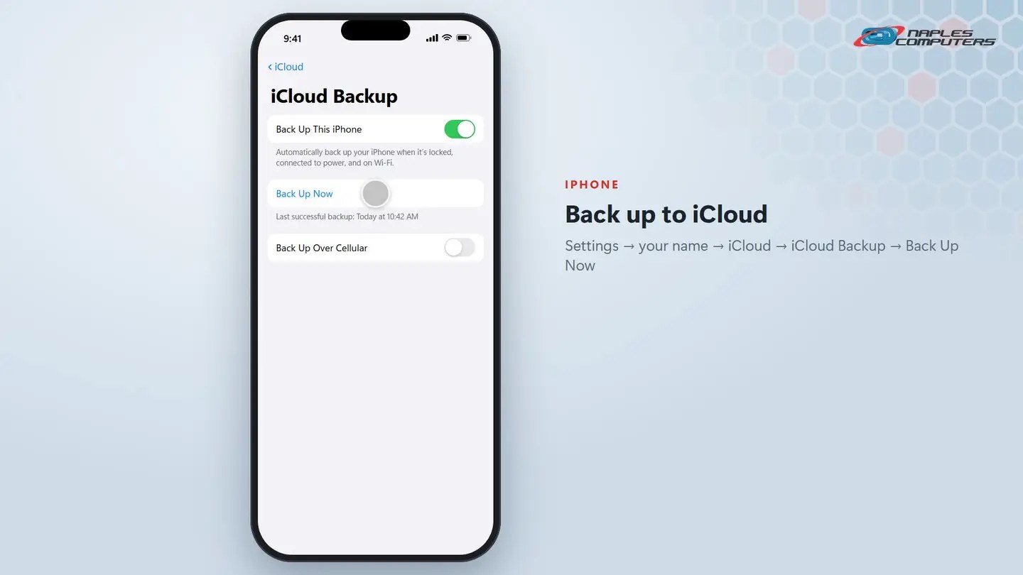 iPhone: Settings → your name → iCloud → iCloud Backup