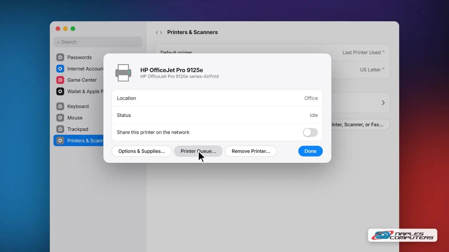 Mac: System Settings → Printers &amp; Scanners