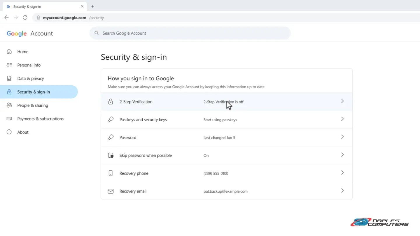 Google: Security & sign-in → 2-Step Verification