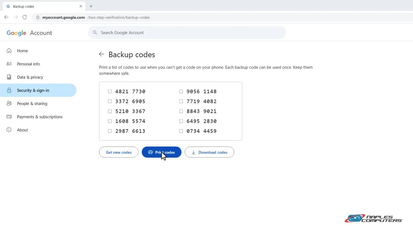 Google: get your backup codes