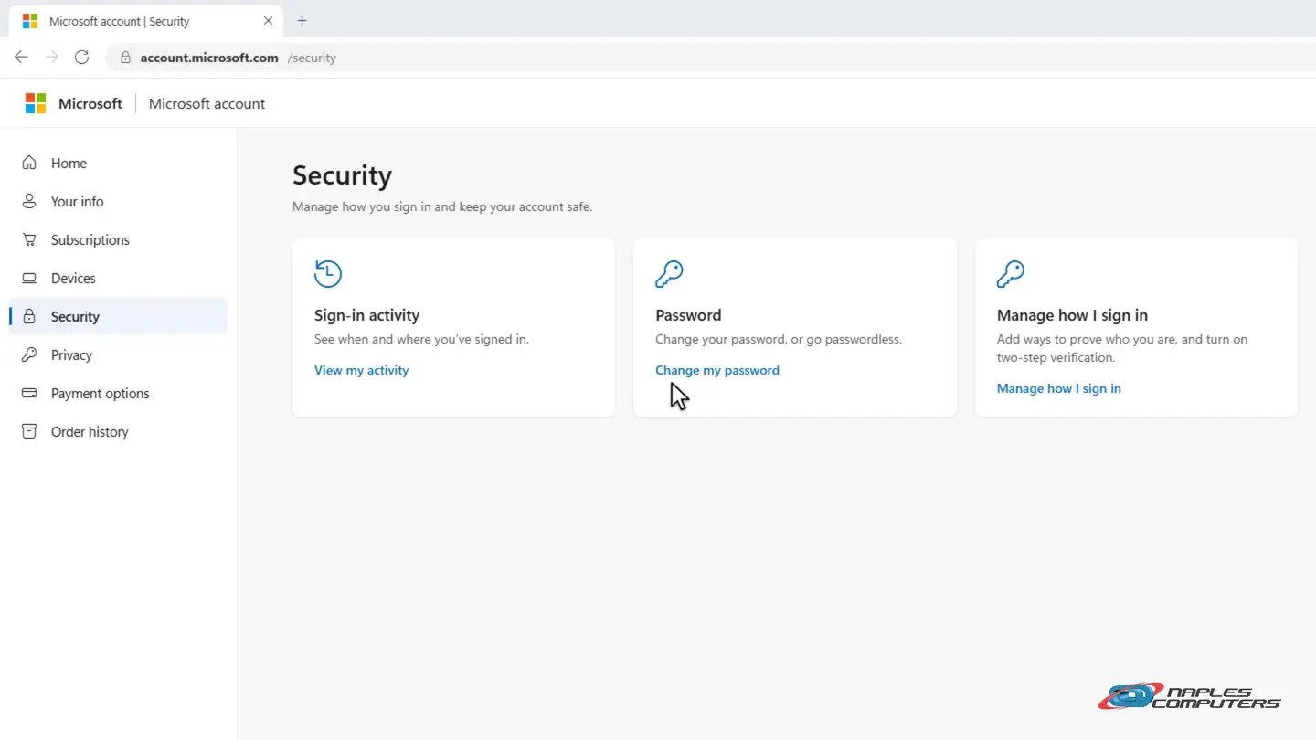 Turn on two-factor authentication: Microsoft: go to Security → Manage how I sign in