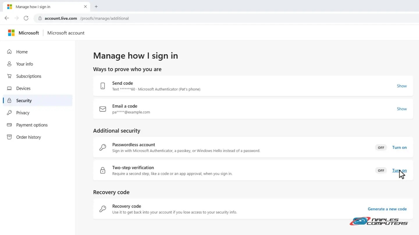 Microsoft: Two-step verification → Turn on