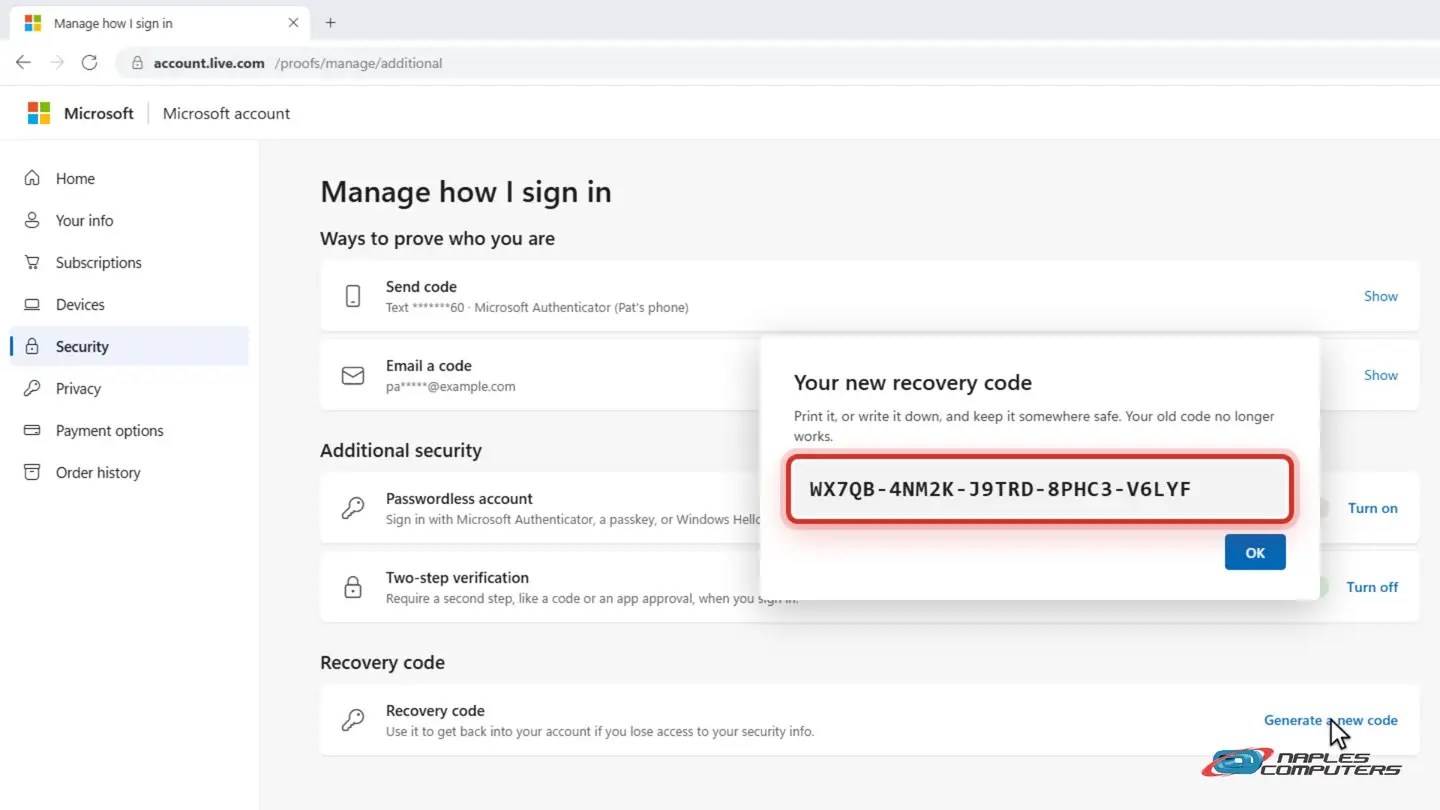 Microsoft: save a recovery code