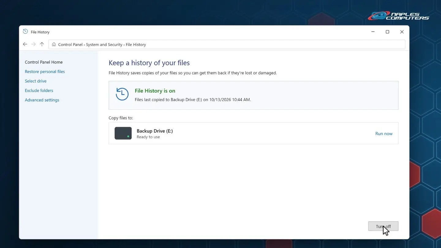 Back up your important files: Windows 11: turn on File History with an external drive
