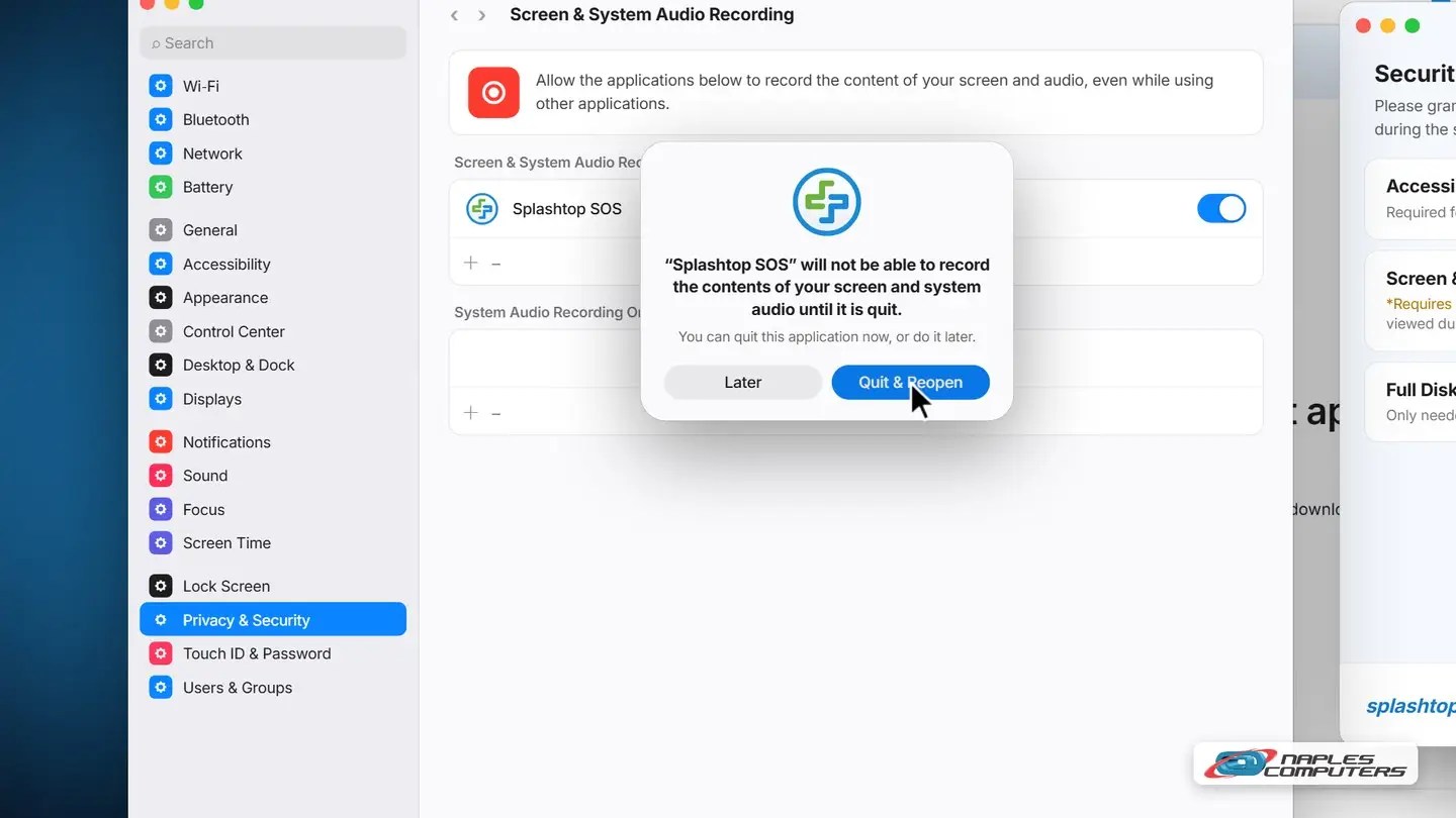 Allow Screen & System Audio Recording, then Quit & Reopen
