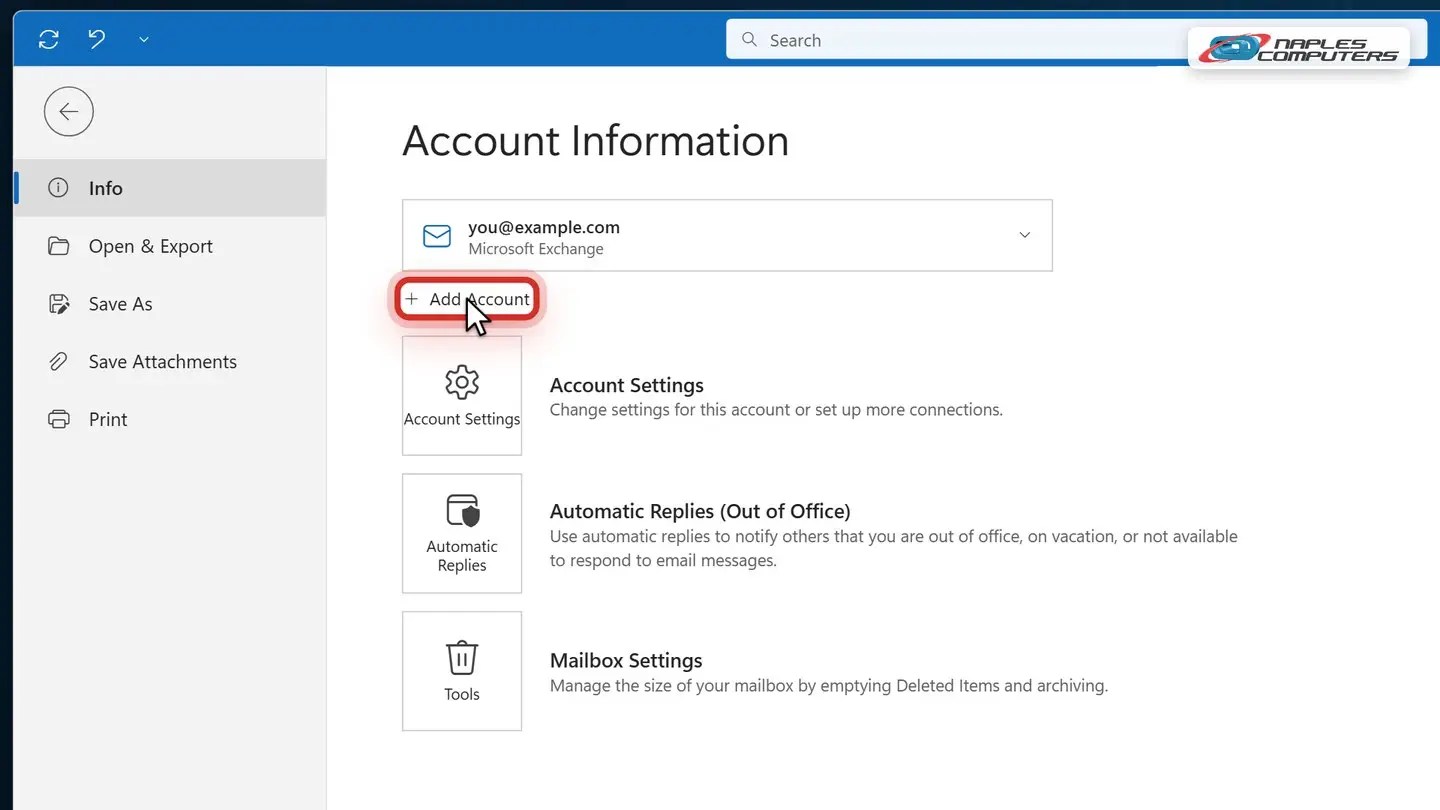 Set up Outlook after migration: Classic Outlook: click File, then Add Account