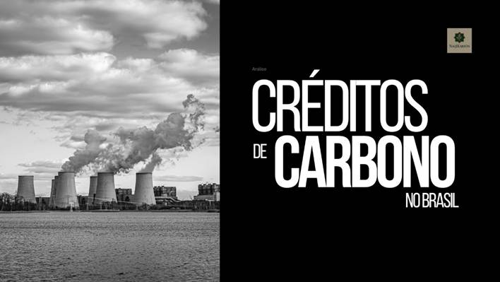 Imagem em preto e branco mostrando torres de resfriamento de uma usina, com fumaça saindo, e o texto 'Créditos de Carbono no Brasil' em destaque. Direitos Reservados à Consultoria em Descarbonização, NaqiKarbon.