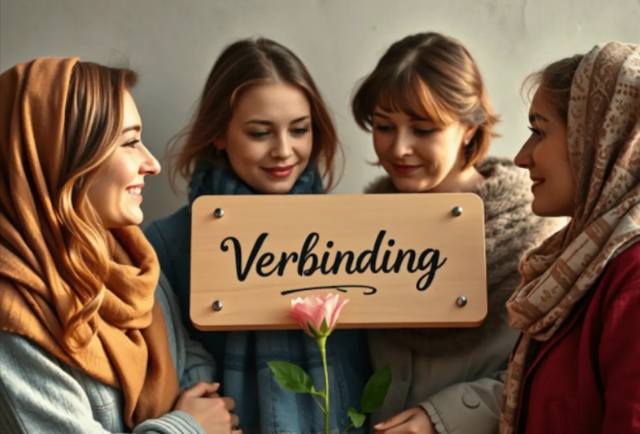 Solidariteit en herkenning in een veilige kring Een warme afbeelding van een kleine kring mensen (divers in leeftijd en achtergrond) die in een veilige ruimte samenkomen. Ze luisteren aandachtig naar elkaar, met zachte expressies van herkenning, medeleven en steun. In het midden staat een bord met het woord “Verbinding” en een bloem in bloei. Dit beeld staat voor de hoop en kracht die ontstaat wanneer mensen hun ervaringen met narcistische communicatie delen en elkaar erkennen.