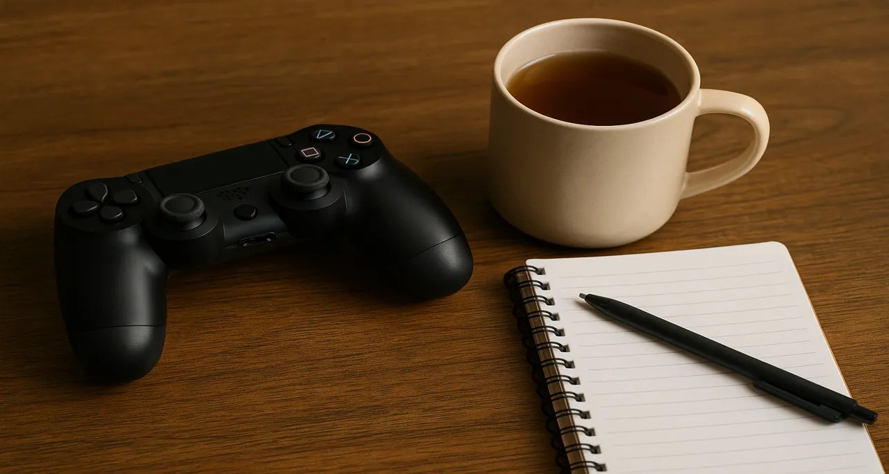 Controller naast een theekopje en notitieboekje – Gaming en zelfzorg in balans