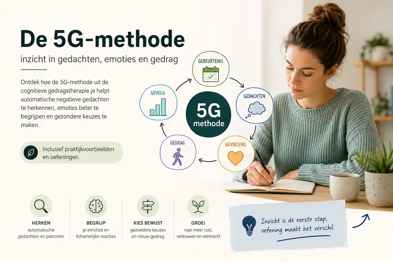 Illustratie van het 5G-schema met de vijf onderdelen gebeurtenis, gedachten, gevoelens, gedrag en gevolg, naast een persoon die reflecteert.