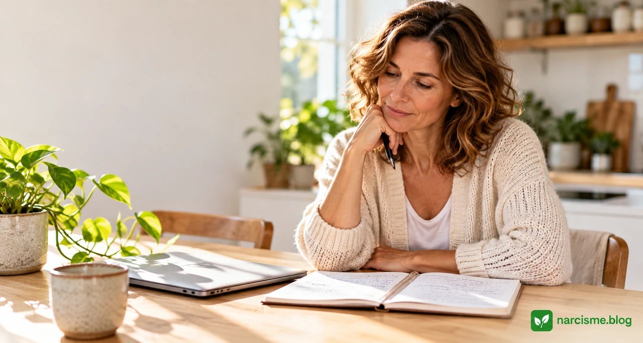 Vrouw die aan een keukentafel haar notities bekijkt, met een gesloten laptop en een plant, als beeld van rustig en bewust kiezen.