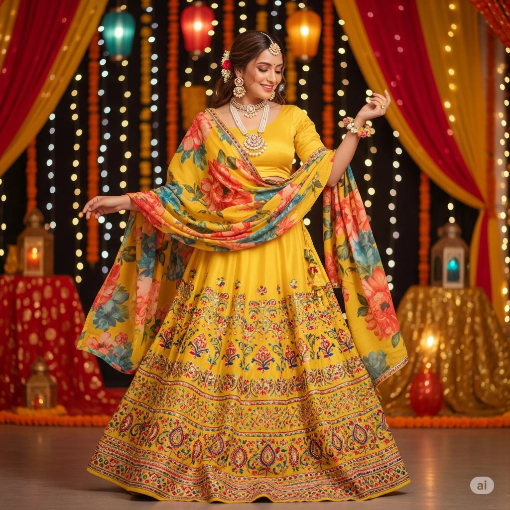 A woman wearing a vibrant yellow Navratri lehenga with multicolor embroidery, a floral dupatta, and pearl jewelry.