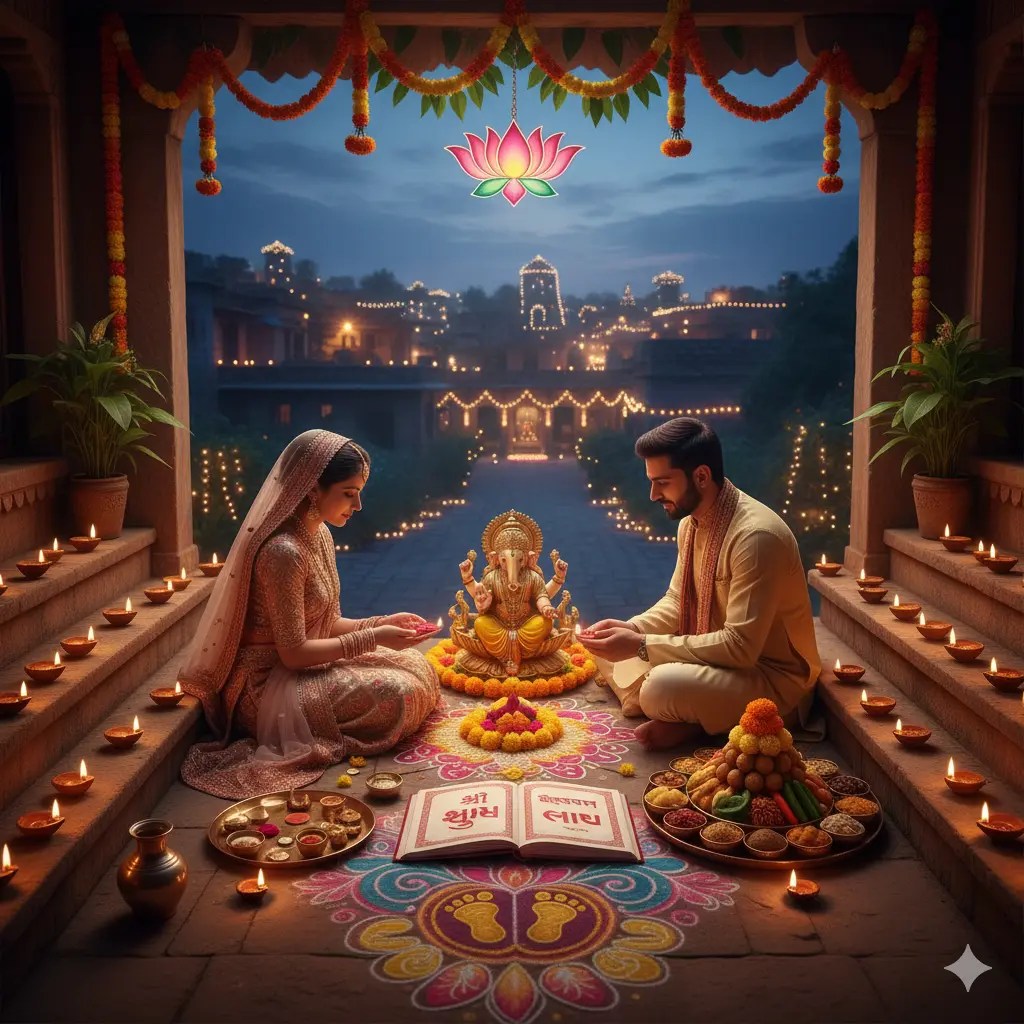 New Year's Resolution and unity: A family (parents and children) performing a small, peaceful ritual together, lighting a single diya in their home, symbolizing a resolve for spiritual growth, health, and family bonding.