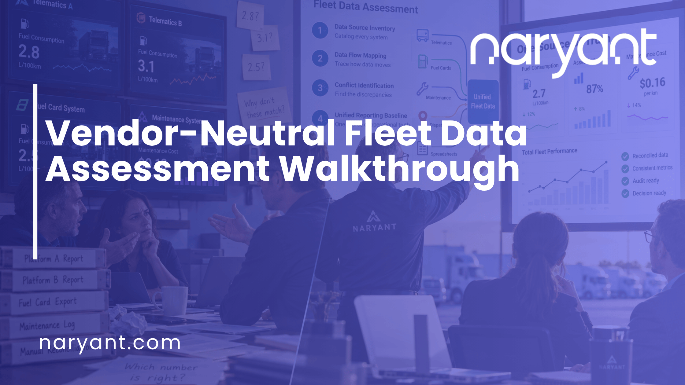 Flowchart showing a vendor-neutral fleet data assessment process — from data mapping to unified reporting