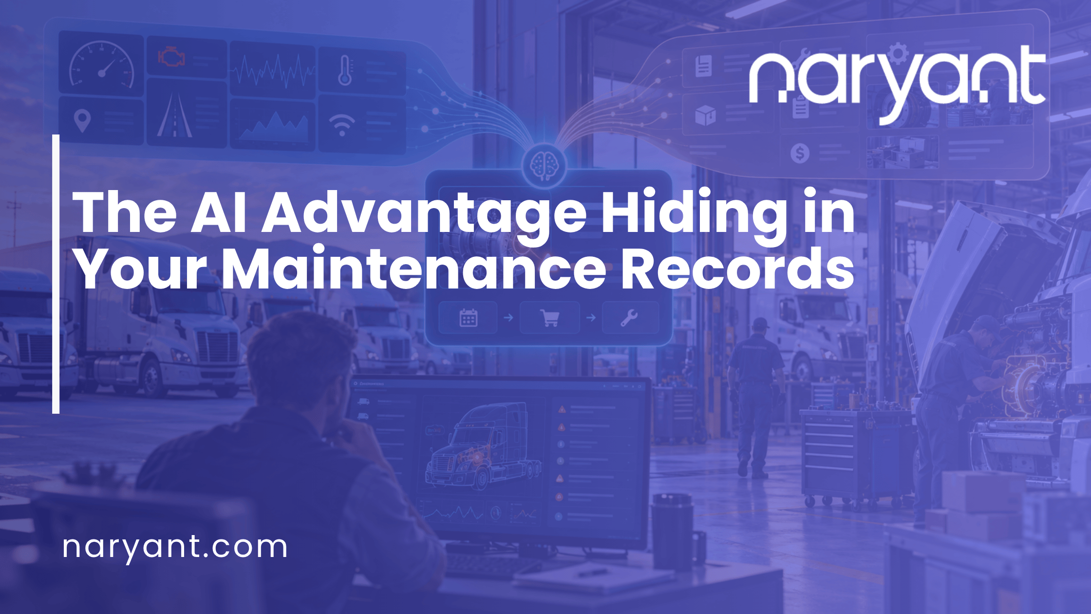 Fleet maintenance technician reviewing repair records alongside telematics dashboard data