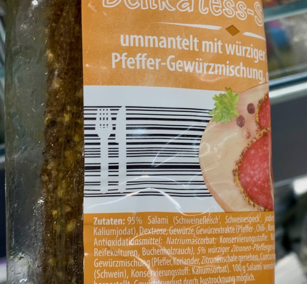 Aldi Kräutersalami mit Strichcode-Motiv Messer+Gabel