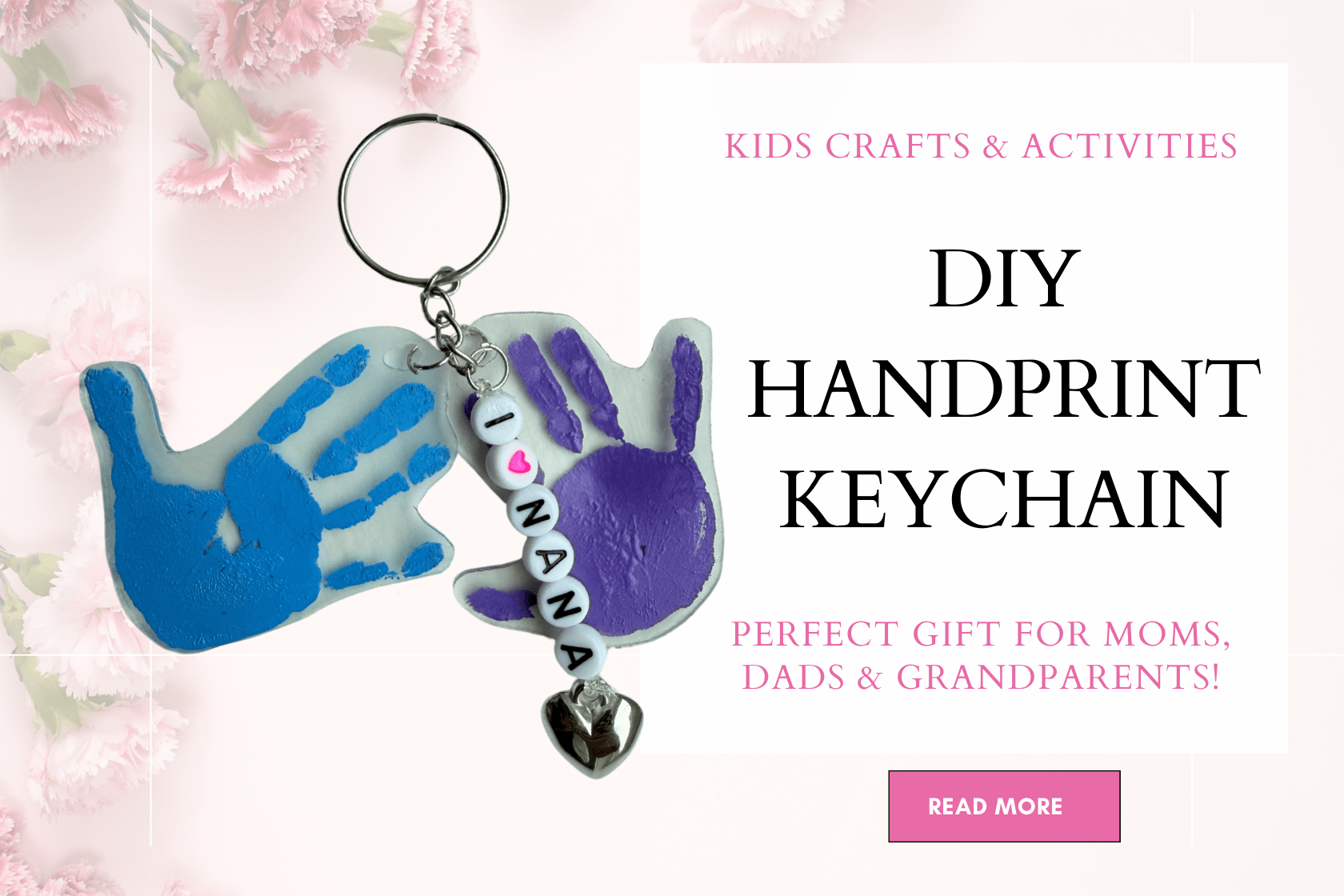 Kids craft idea! Make a DIY handprint keychain for a thoughtful Mother’s Day gift! Fun, practical kids craft using shrink plastic and beads for moms & grandmas to cherish.