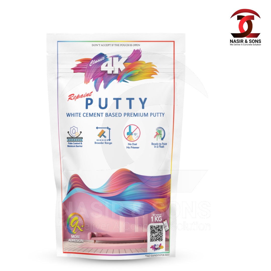 WHITE CEMENT BASED NANOBLEND PREMIUM 4K REPAINT WALL PUTTY 01 KG POUCH (POWDER PUTTY) | NASIR & SONS