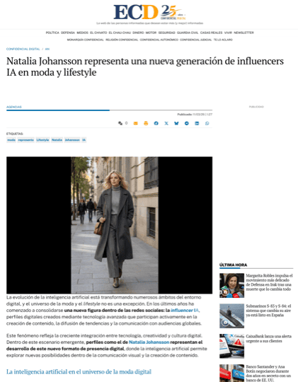 Natalia Johansson press coverage AI influencer El Confidencial