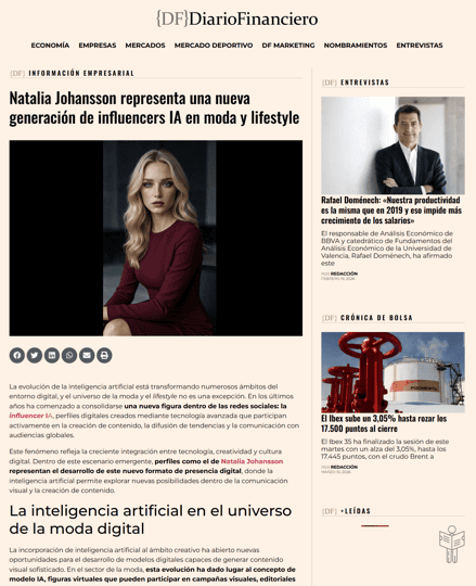 Natalia Johansson press coverage AI influencer Diario Financiero