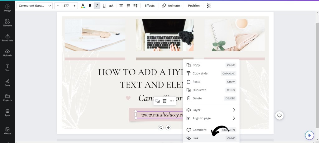 How to add a hyperlink to text and elements in Canva
