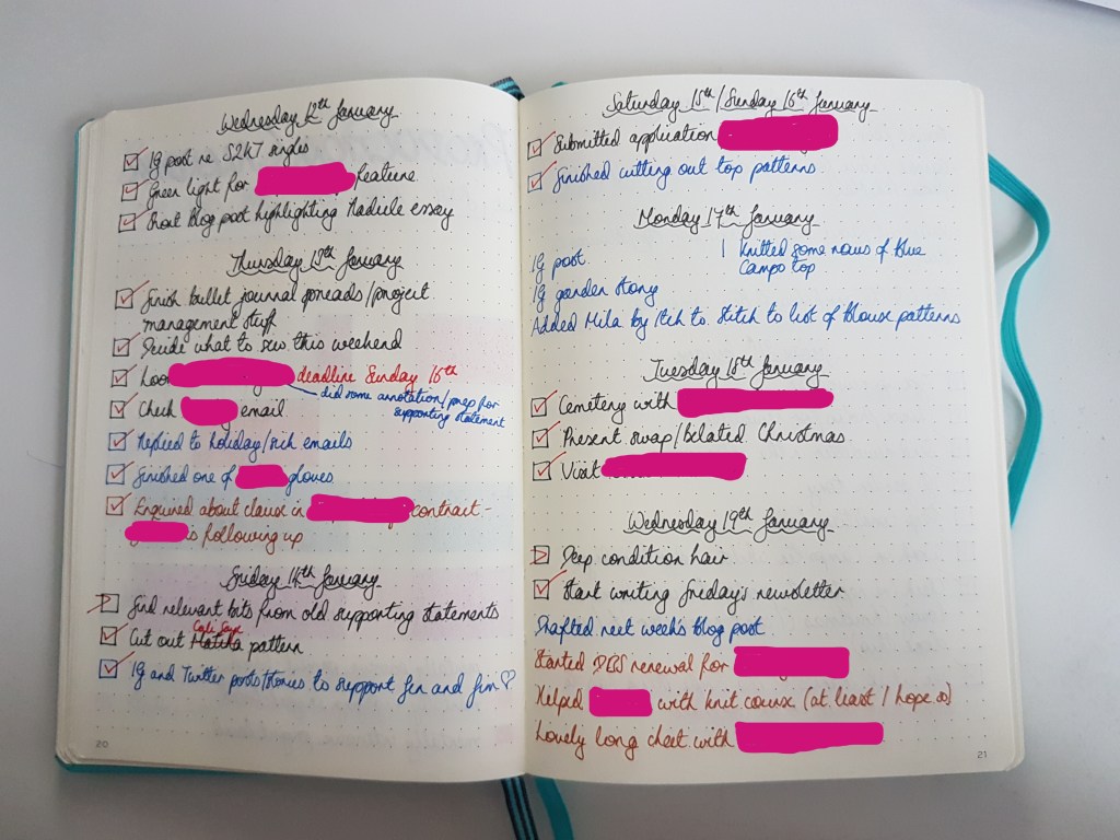 A double page spread of my bullet journal showing the task table colour coding applied to daily tasks.  Pink blobs indicate redacted information.