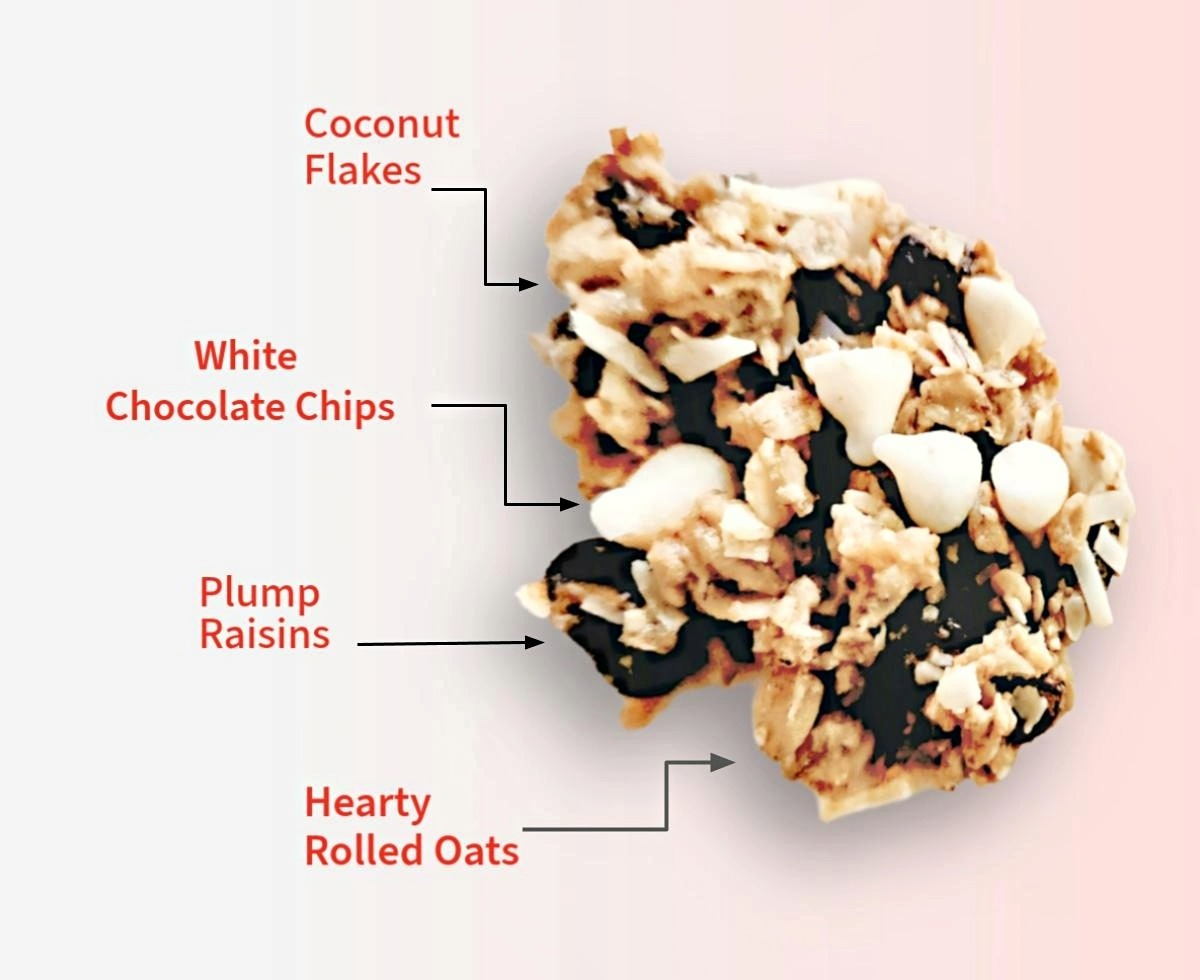 Cookie ingredient close-up showing coconut flakes, white chocolate chips, raisins, and rolled oats