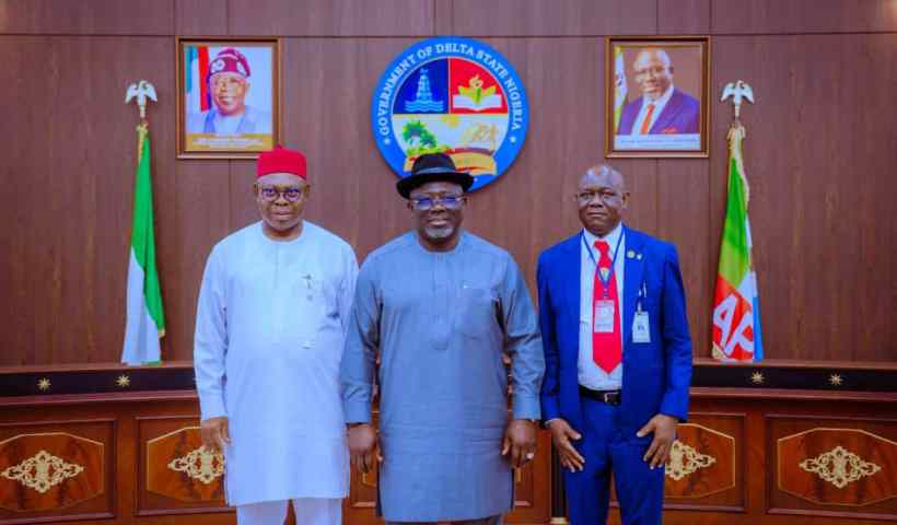 Governor Oborevwori (middle), flanked by Deputy Governor Sir Monday Onyeme (left) and Dr. Samuel Onoji, PTI Principal, shortly after a courtesy visit at Government House, Asaba.