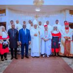 Delta State Governor, Rt. Hon. Sheriff Oborevwori (4th left), with Bishop of Issele-Uku Catholic Diocese, Rt. Rev. Michael Odogwu Elue (middle), Speaker of the State House of Assembly, Rt. Hon. Emomotimi Guwor (3rd left), Chief Judge of Delta, Justice Tessy Diai (3rd right), and other dignitaries during the thanksgiving mass heralding the new legal year in Asaba.