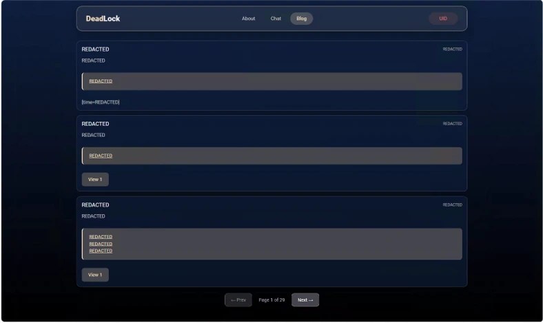 DeadLock Blog page displaying redacted, leaked files published on the DeadLock blog.