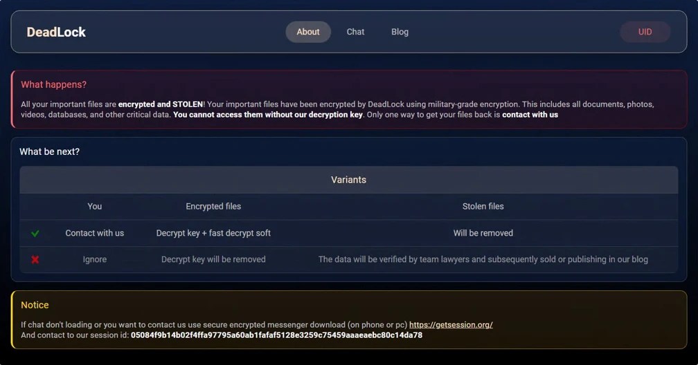 DeadLock About page telling the victim that all their important files are encrypted by the ransomware, including documents, photos, videos, databases, and other critical data. It tells the victim to contact the operators to receive a decryption key or else the data will be leaked and published on the DeadLock blog.