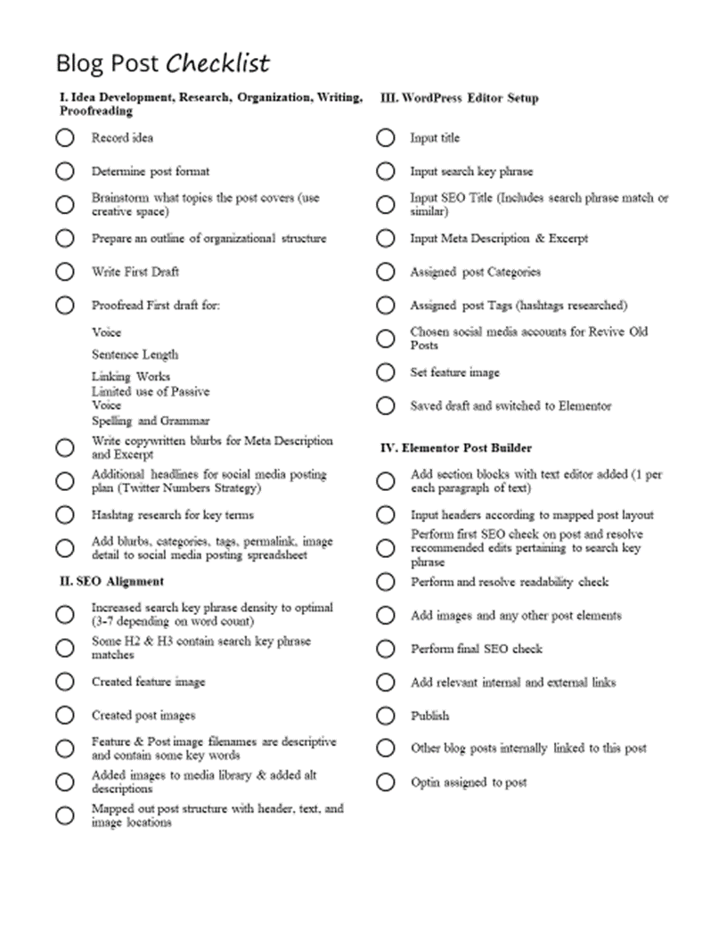 Here's a sample blog post checklist from my Blogger's Essentials Companion Content Planner. Get 40 two-page templates to work on.
