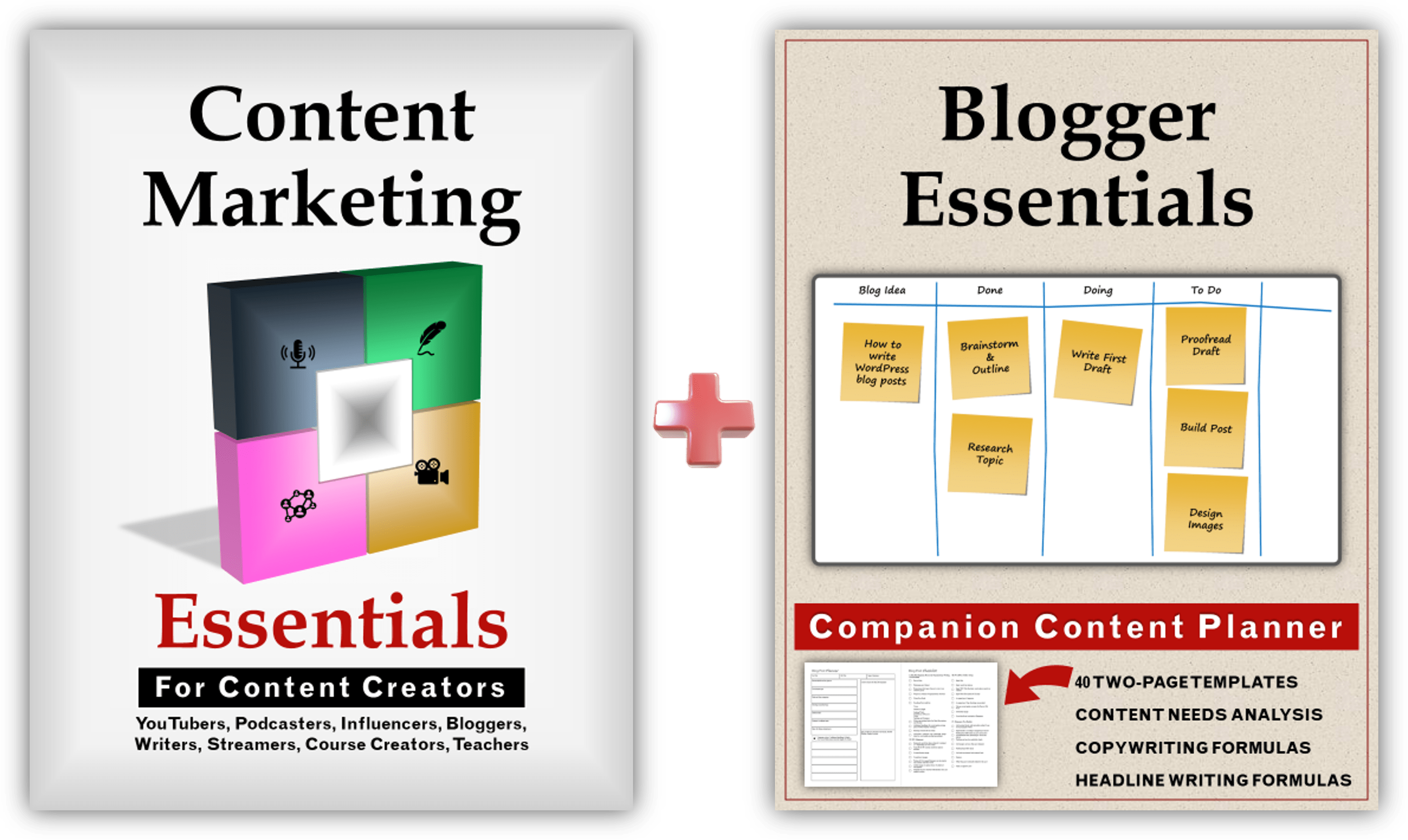 The image shows the Content Marketing Essentials for content creators book plus the Blogger Essentials Content Planner bundled together