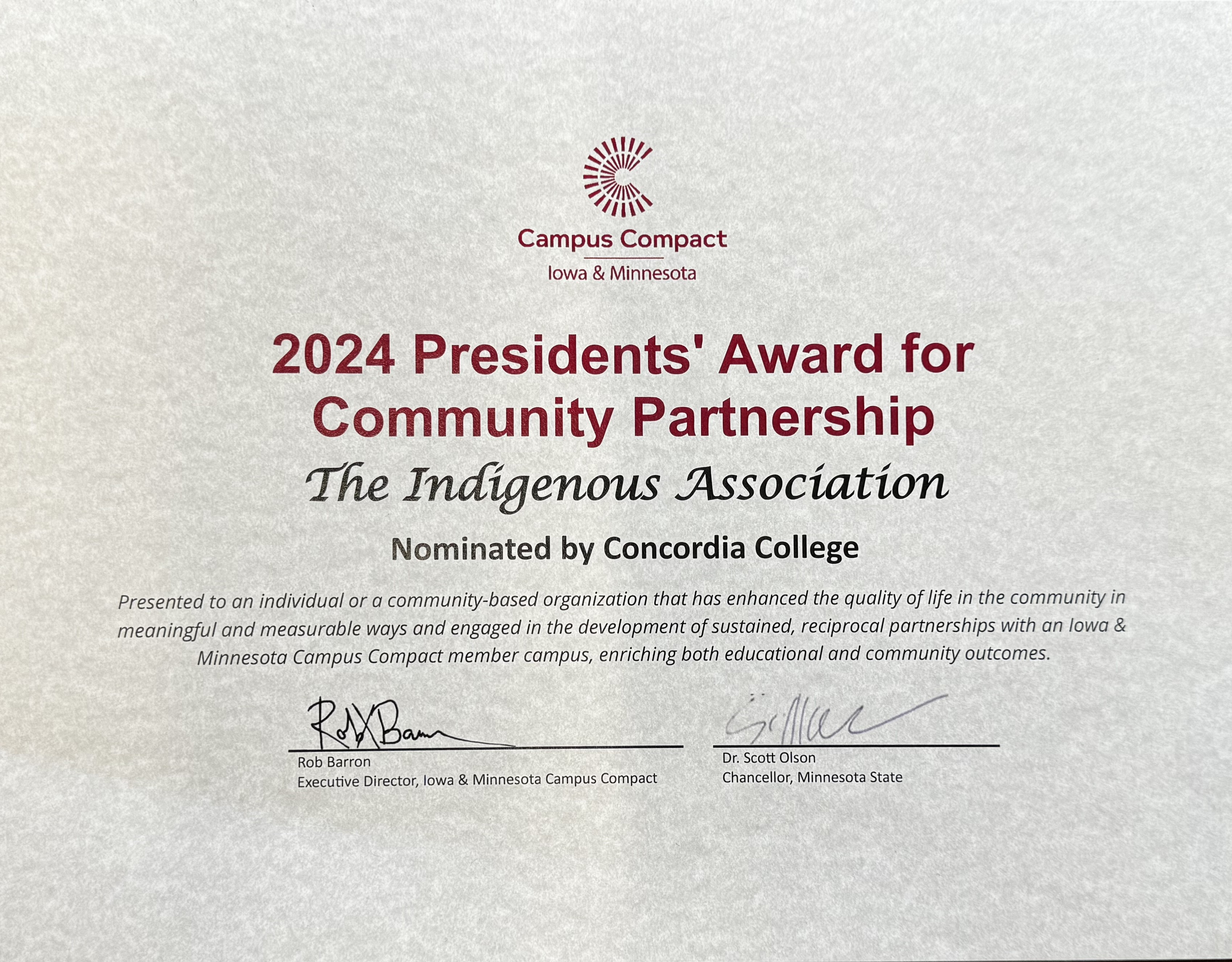 displays 2024s presidents aware for partnership to the indigenous association