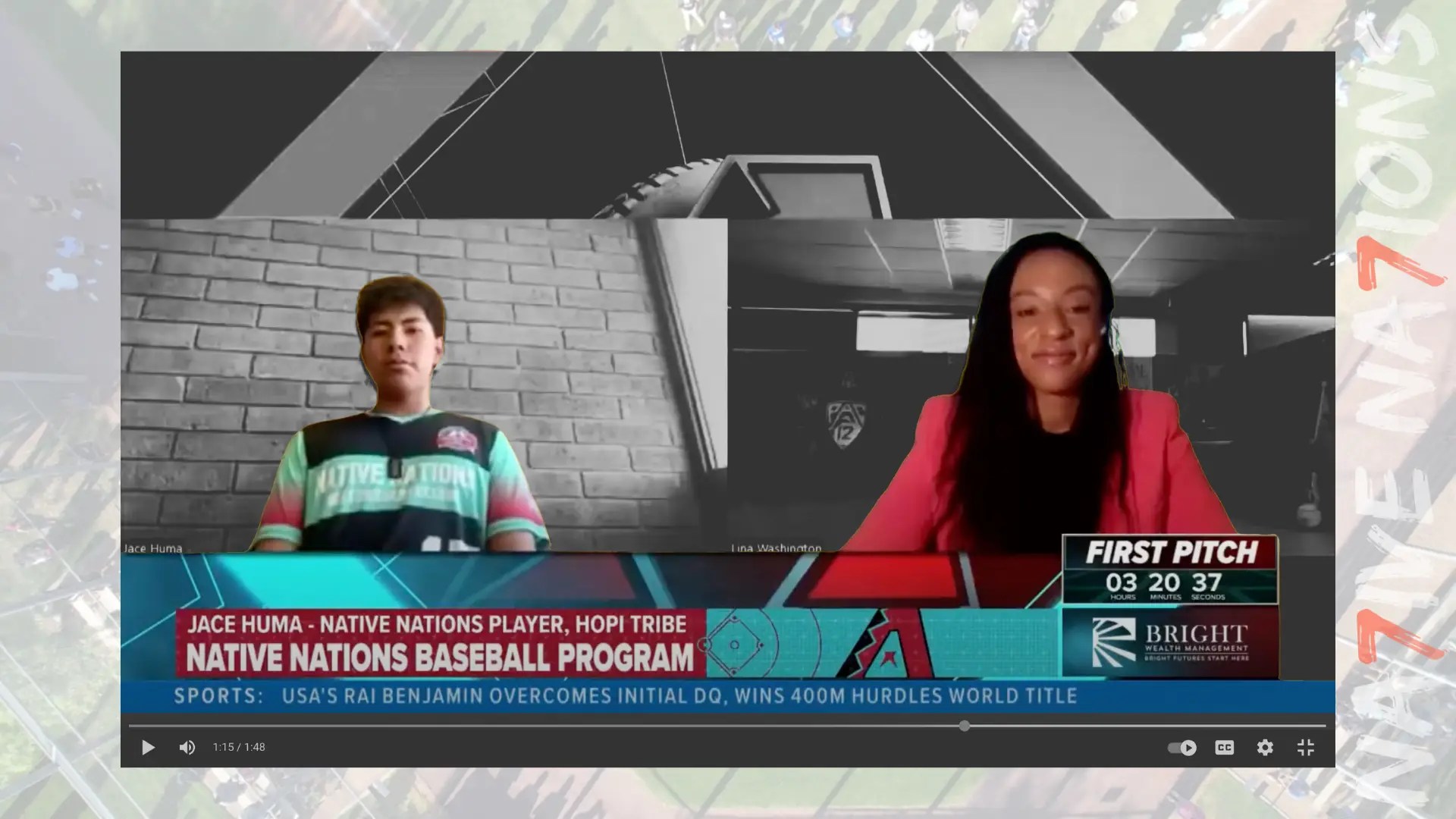 Screenshot from 12Sports interview featuring Native Nations athlete Jace Huma (Hopi Tribe) and sports reporter Lina Washington, discussing the Native Nations Baseball Program and the team’s historic appearance at the Babe Ruth World Series.