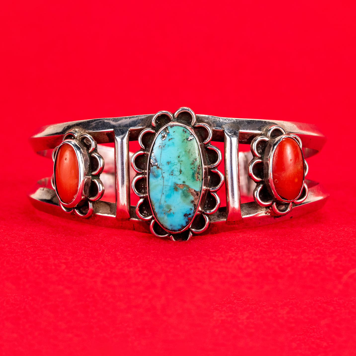 Navajo Sterling Silver, Turquoise, and Coral Bracelet by Jack Tom