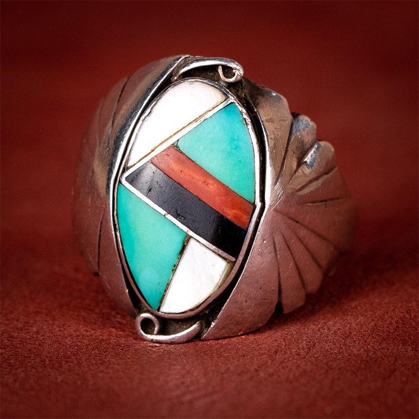 Zuni Vintage Sterling Silver, Turquoise, Jet, Quartz, and Shell Men's Ring