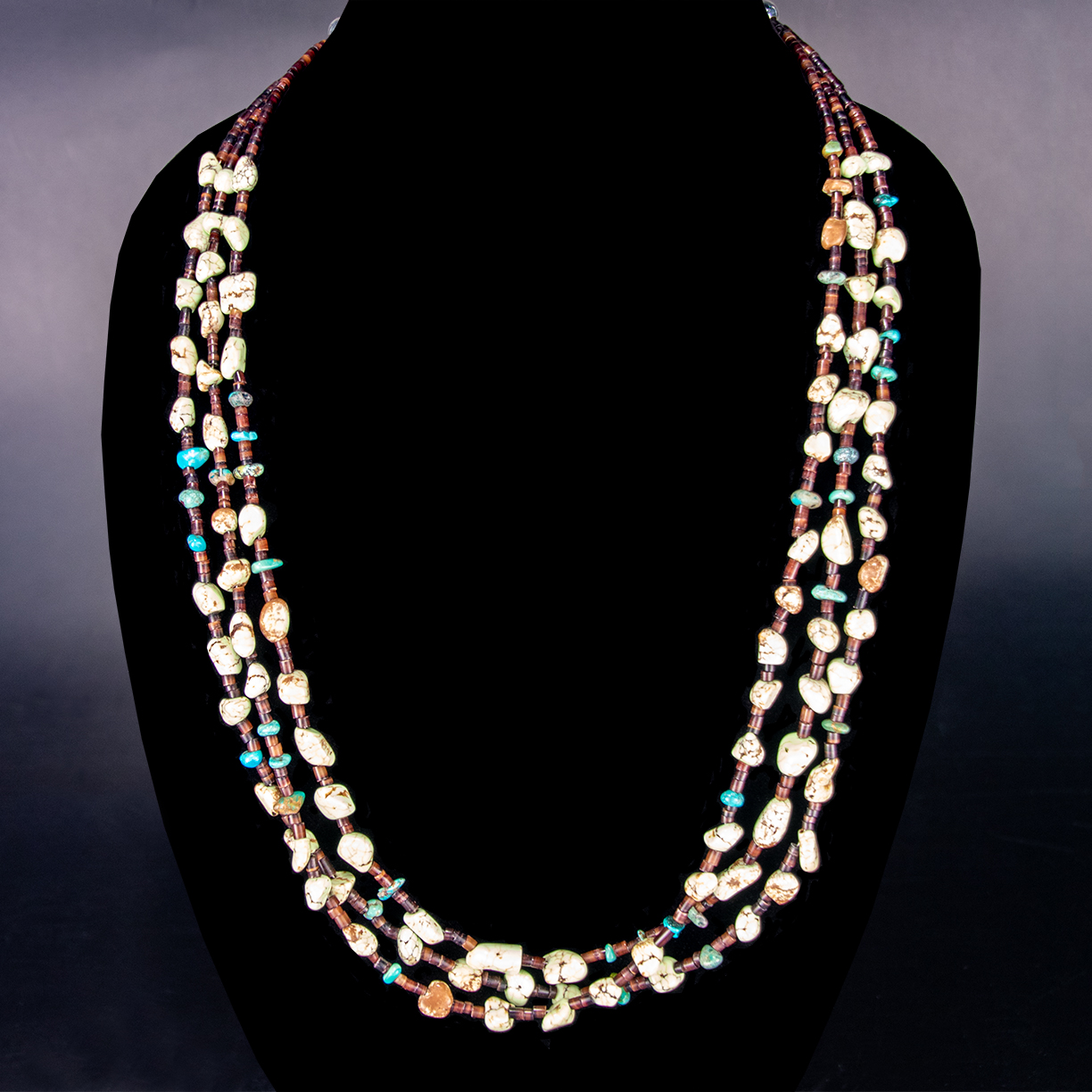 Rare Santo Domingo Contemporary Green and Blue Turquoise and Shell 3-Strand Heishi Necklace
